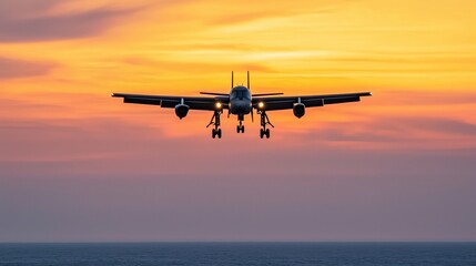 Fototapeta premium Vibrant Sunset Backdrop for Low-Flying Warplane