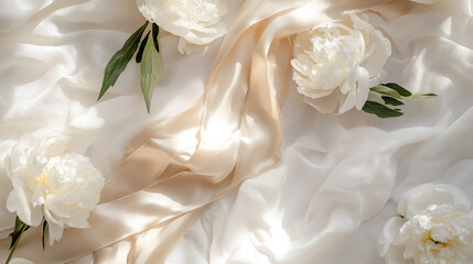 Obraz premium Soft and dreamy white flowers and champagne silk cascade across a white sheet, creating a scene of understated elegance.