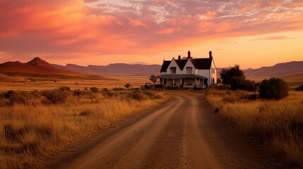 Fototapeta premium Sunset colors the sky in rich oranges and reds, as a dirt road stretches endlessly through the Karoo open terrain.