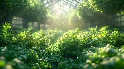 Fototapeta premium Sunlit greenhouse, growing plants, lush foliage, background sunlight, agriculture
