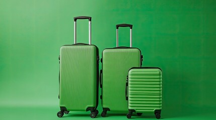 Fototapeta premium Three green suitcases of varying sizes blend seamlessly against a vivid green background, highlighting travel essentials.