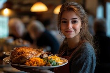Smiling woman enjoying a meal in a busy restaurant