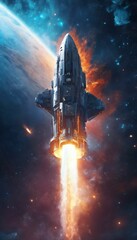Futuristic spaceship launch with cosmic backdrop.