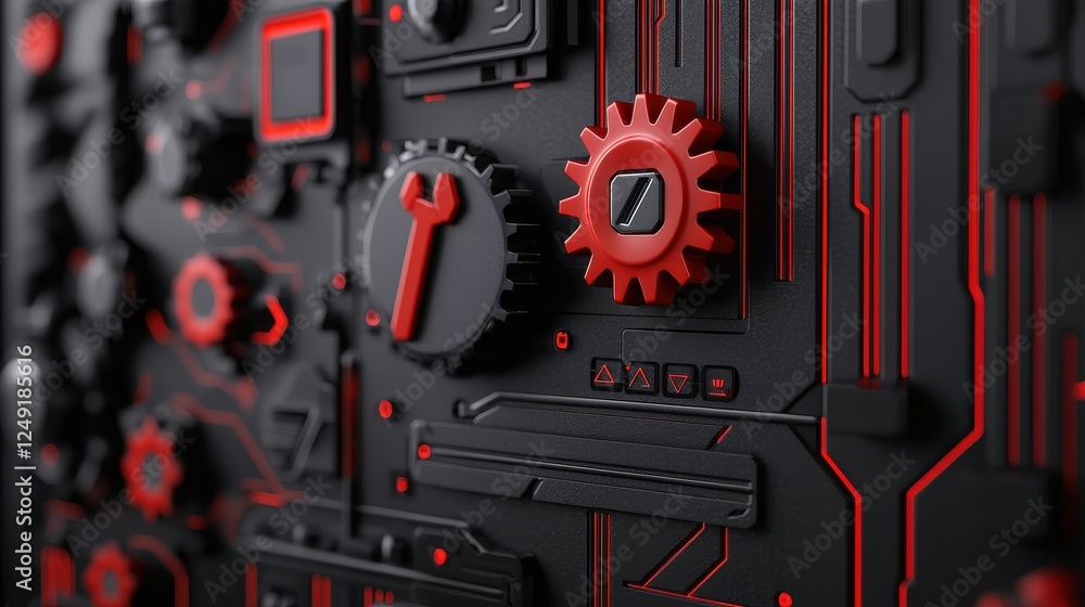 Poster abstract mechanical background with red gear and circuit design