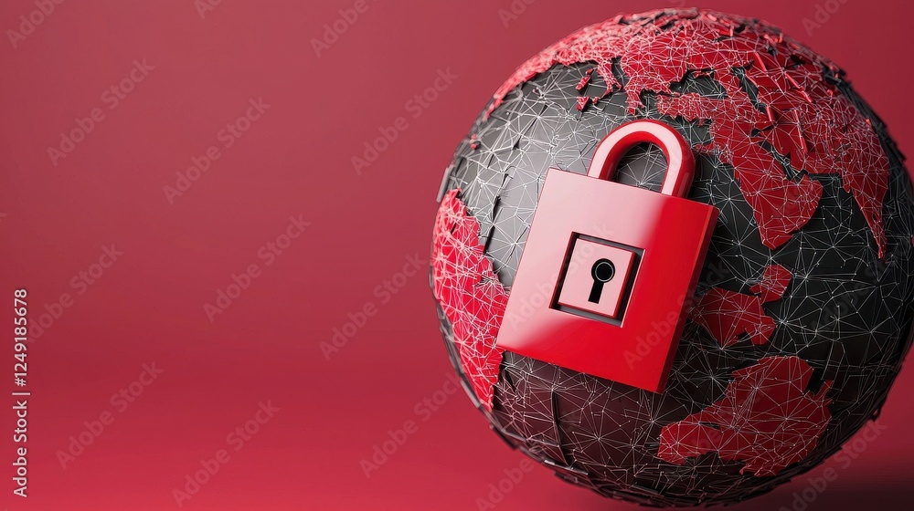 Poster red lock on globe concept symbolizing digital security and privacy