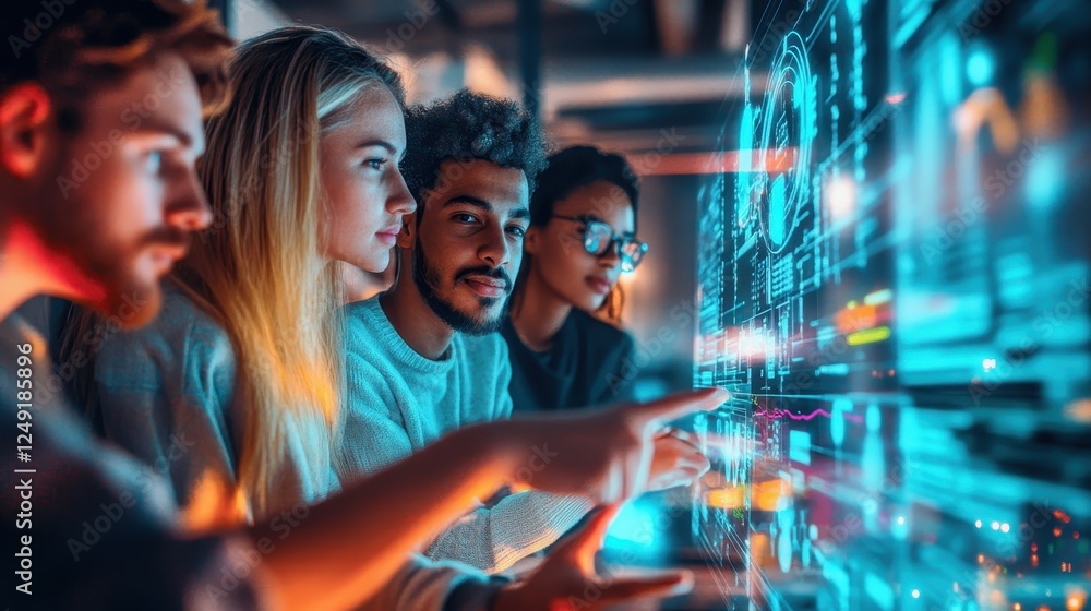 Wall mural diverse team collaborates on futuristic data interface