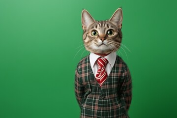 Cute cat in a school uniform standing against a green background.