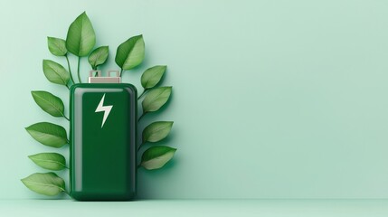 Green battery with leaves on a mint background promoting sustainability