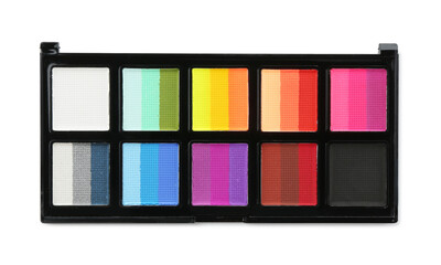 Bright face paint palette isolated on white, top view