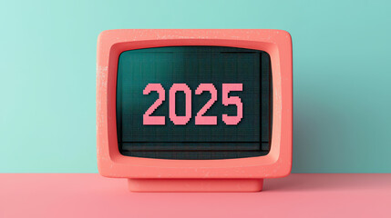 Retro television with pixel art display showing year 2025