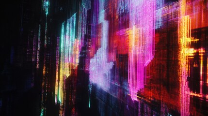 Fototapeta premium Vertical lines of vibrant light with digital glitch effects on a dark background, creating a futuristic visual.