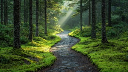 Obraz premium Serene forest pathway illuminated by sunlight, surrounded by lush greenery