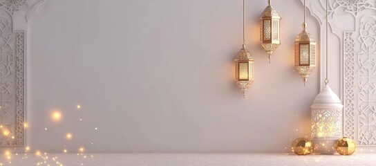 Festive lanterns illuminate ornate wall, sparkling background