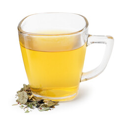 Delicious herbal tea and dry leaves isolated on white