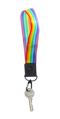 Key with keychain in LGBT colors on white background