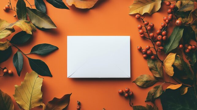 flat lay of a blank white card on an orange background. The card is placed in the center of the image and is surrounded by autumn leaves and berries