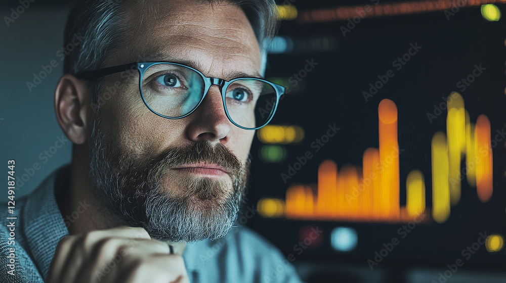 Aufkleber focused man with glasses analyzing data on screen, showcasing financial trends and statistics. his e