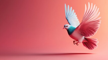Obraz premium Vibrant Flying Bird with Colorful Feathers Against a Soft Gradient Background