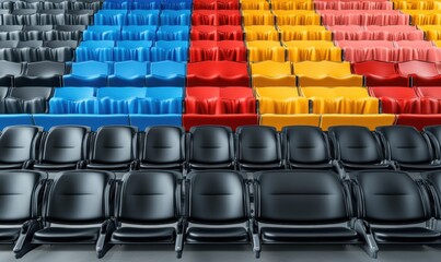 Fototapeta premium Colorful stadium seats; event preparation; arena; rows; anticipation