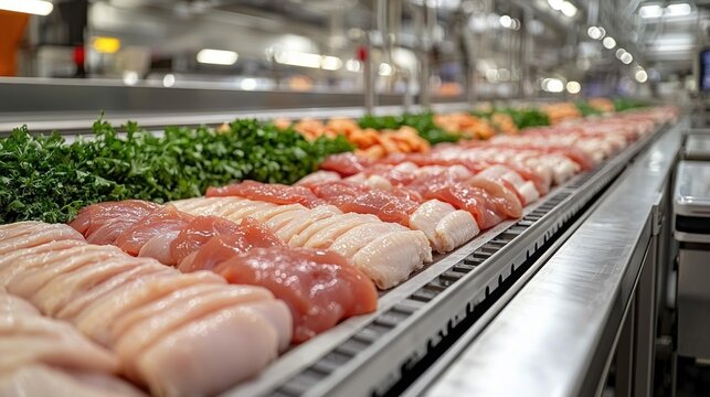 Freshly processed poultry and herbs on a conveyor belt in a modern facility