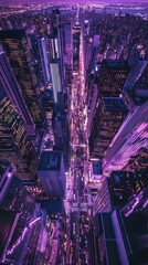 Night View Of Manhattan Cityscape Showing Illuminated Skyscrapers