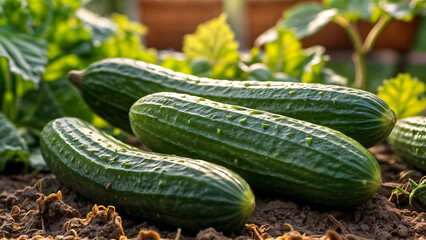 Fresh young cucumbers lying in a garden bed under the warm rays of the sun.
