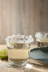 Tequila shots with salt, lime slice and agave leaf on wooden table, closeup. Space for text