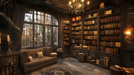 Dark Study With Bookshelves And Cozy Sofa