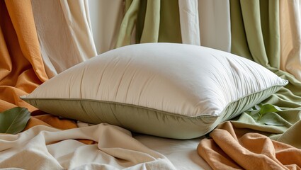 Elegant white cushion on an array of soft, textured fabrics in warm, earthy tones creating a cozy atmosphere