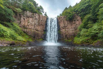 Fototapeta premium Majestic waterfall cascading into serene pool surrounded by lush greenery (1)