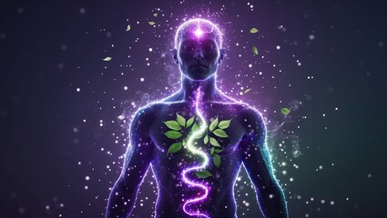 Illuminated human figure with a glowing spine and leaves symbolizing health and vitality in a cosmic background