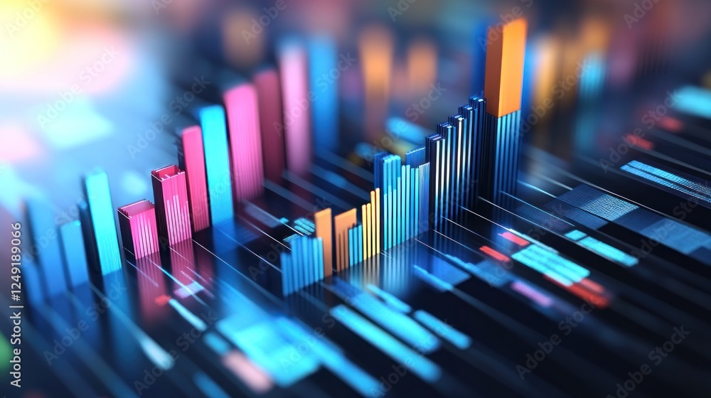 Poster abstract 3d data visualization of colorful rising bars representing growth and progress in business 