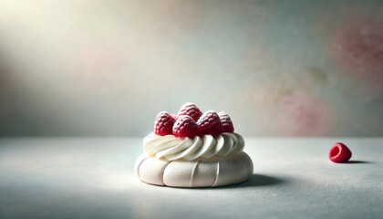 Delicious pavlova cake decorated with fresh raspberries and whipped cream