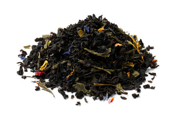 Pile of dry tea leaves isolated on white