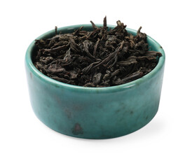 Dry tea leaves in bowl isolated on white