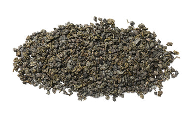 Pile of dry tea leaves isolated on white, top view