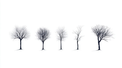 Minimalistic trees isolated on white background, showcasing different shapes