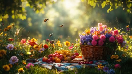 Vibrant summer garden blooms with fruit picnic and buzzing bees