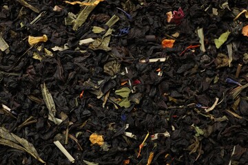 Pile of dry tea leaves as background, top view