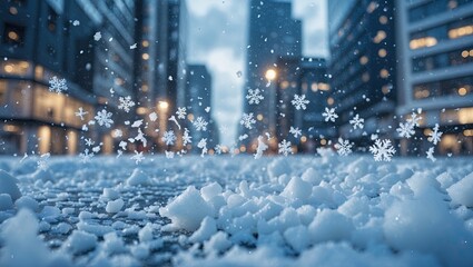 Snowflakes gently falling onto a snowy urban street with buildings in the background during twilight