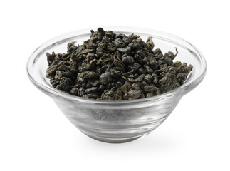 Dry tea leaves in bowl isolated on white