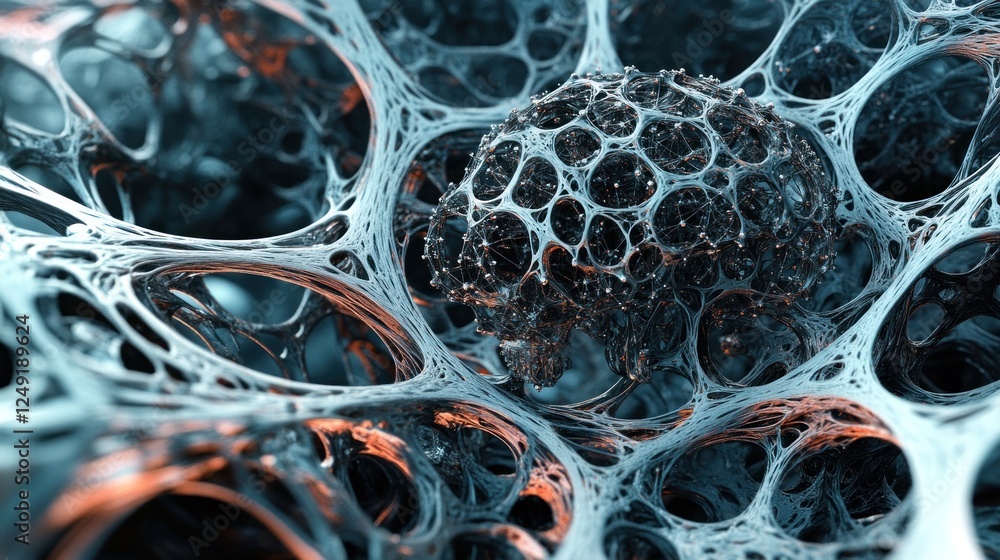 Poster Abstract 3D render of a complex, interconnected network with a central sphere, showcasing intricate details and textures in teal and orange hues.