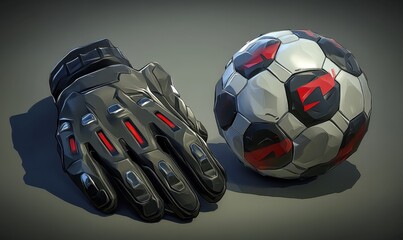 Futuristic gloves and soccer ball on gray background; sports equipment; concept design