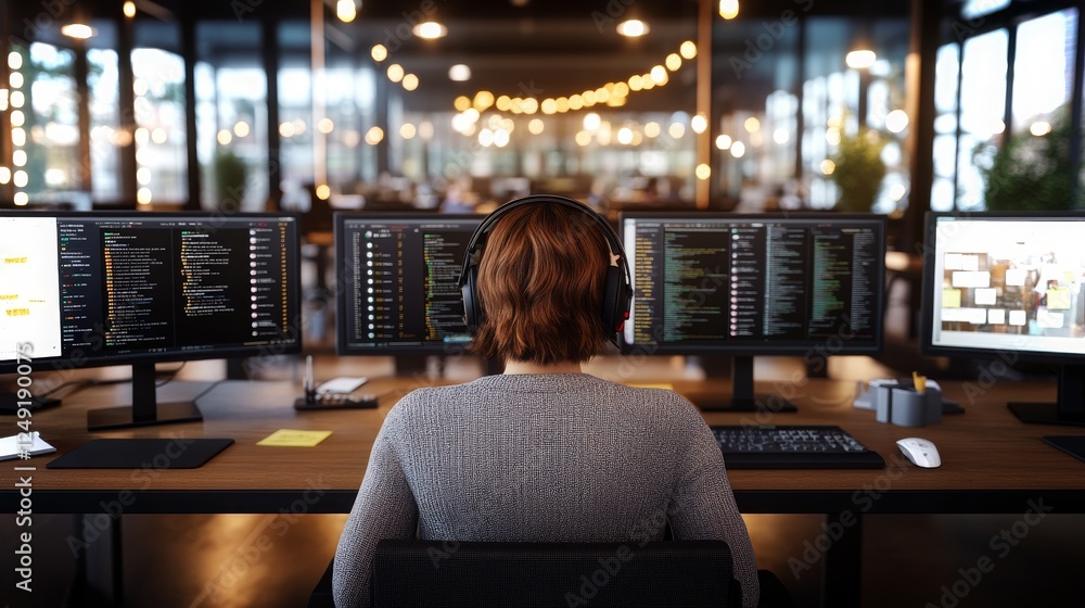 Poster focused developer working on multiple screens in a modern office environment