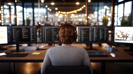 Focused developer working on multiple screens in a modern office environment