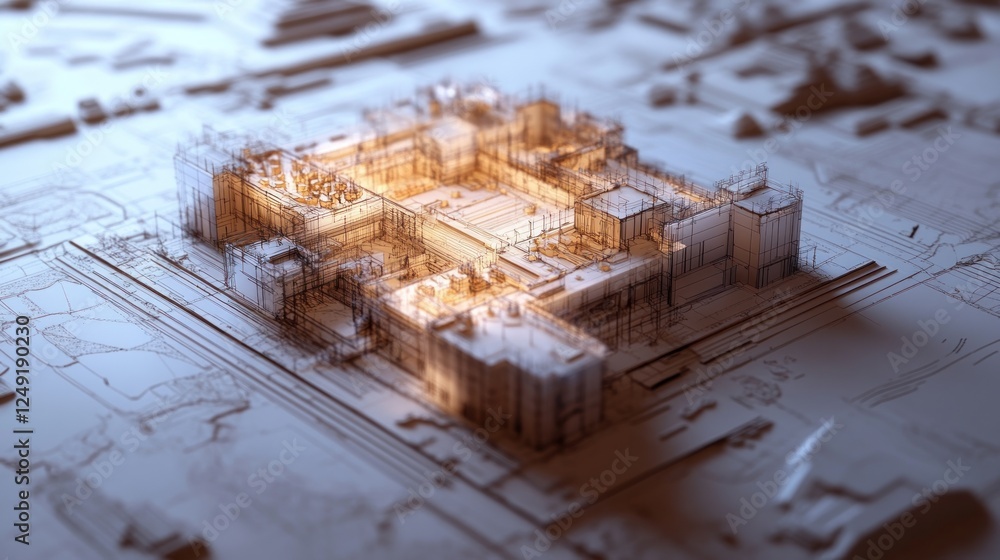 Poster Abstract 3D rendering of a city model, illuminated from below, showcasing intricate details and architectural design.