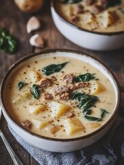 Close up of a bowl of chicken noodle soup with potatoes and spinach, garnished with black pepper. A cozy comfort food for colder weather.