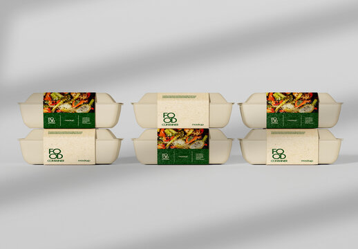 Stacked Biodegradable Food Containers with Paper Sleeve Mockup