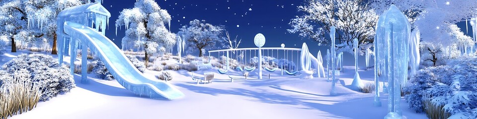 A magical winter playground with frosted slides snow-covered swings and shimmering ice sculptures around