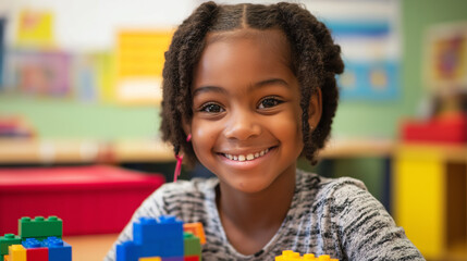 Little cute toddler girl playing with colourful puzzle  toys.,  Classroom kindergarten play preschooler preschool